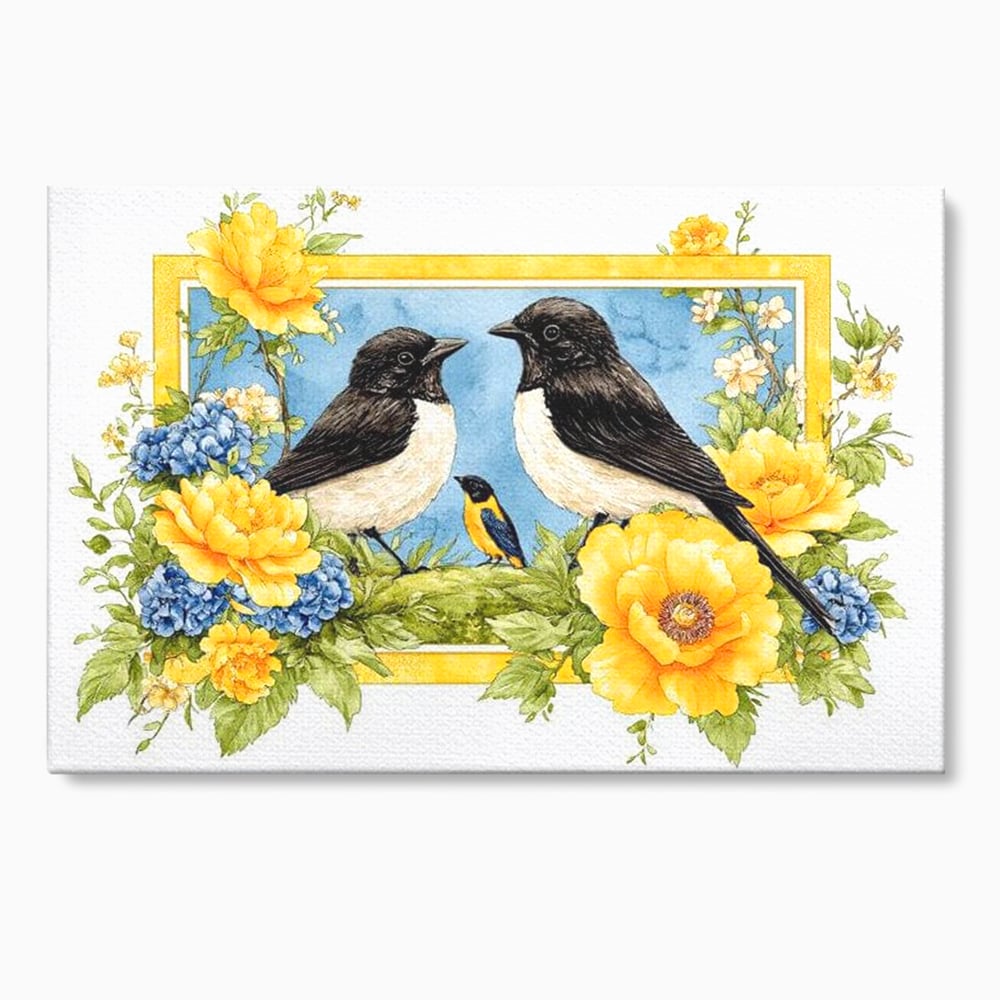 Tablou canvas cu tablou canvas cu pasari si flori, fara rama, pe sasiu de lemn